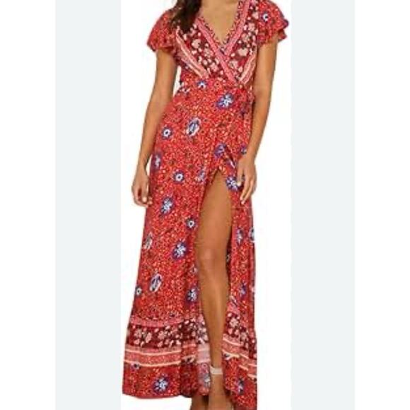 Pretty Garden L/XL Red Floral Wrap Waisted Dress Split Short Sleeve VNeck Maxi - Picture 1 of 9